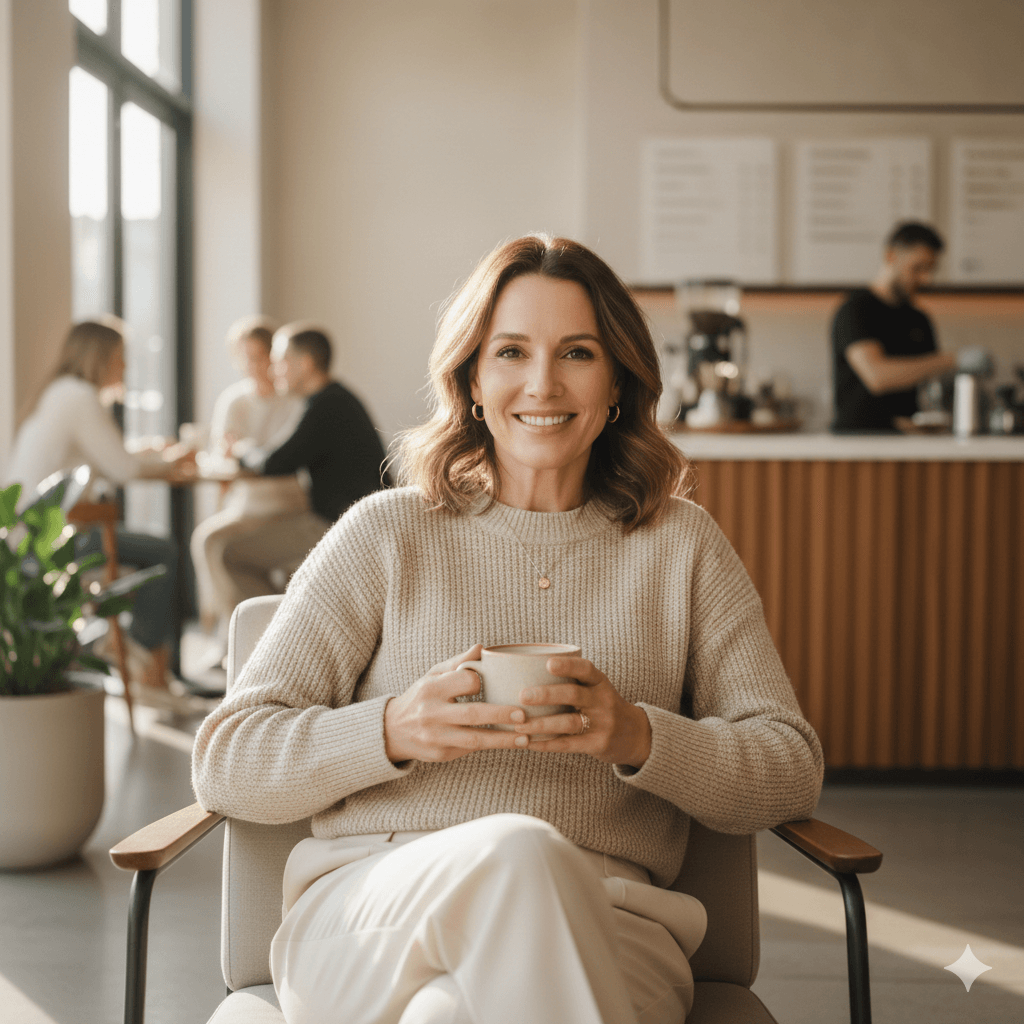 Woman smiling naturally in coffee shop
