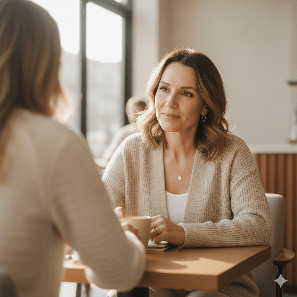 Woman in thoughtful conversation