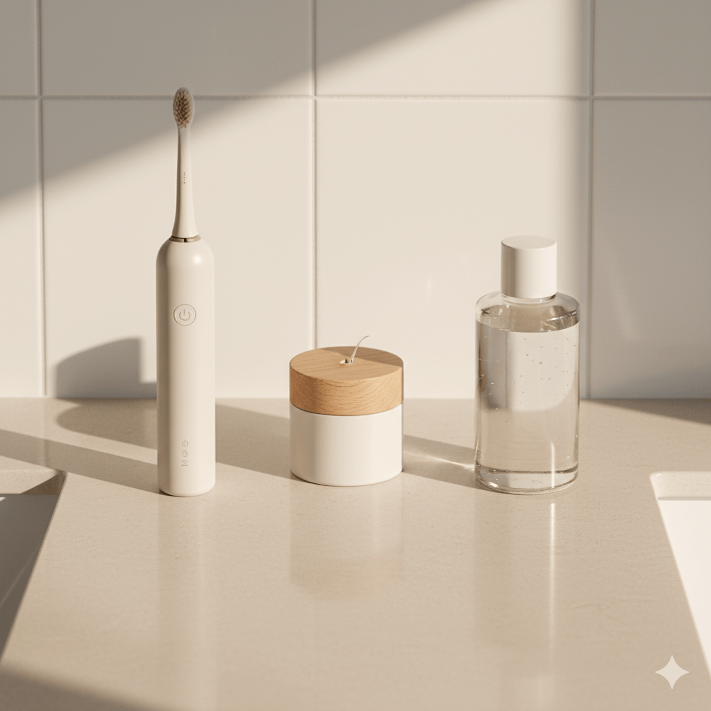 Bathroom counter with wellness products